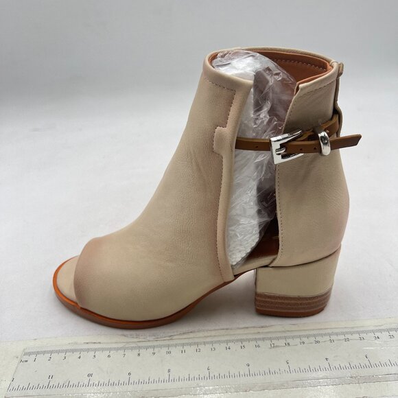 FSJ Apricot Peep Open Toe Cut Out Buckle Ankle Bootie Block Low Heeled Sandal - Picture 2 of 8